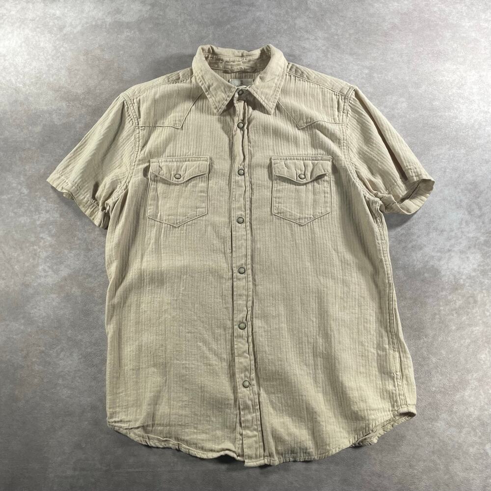 Mutual Weave Casual Tan Beige Snap Button Down Men’s Medium